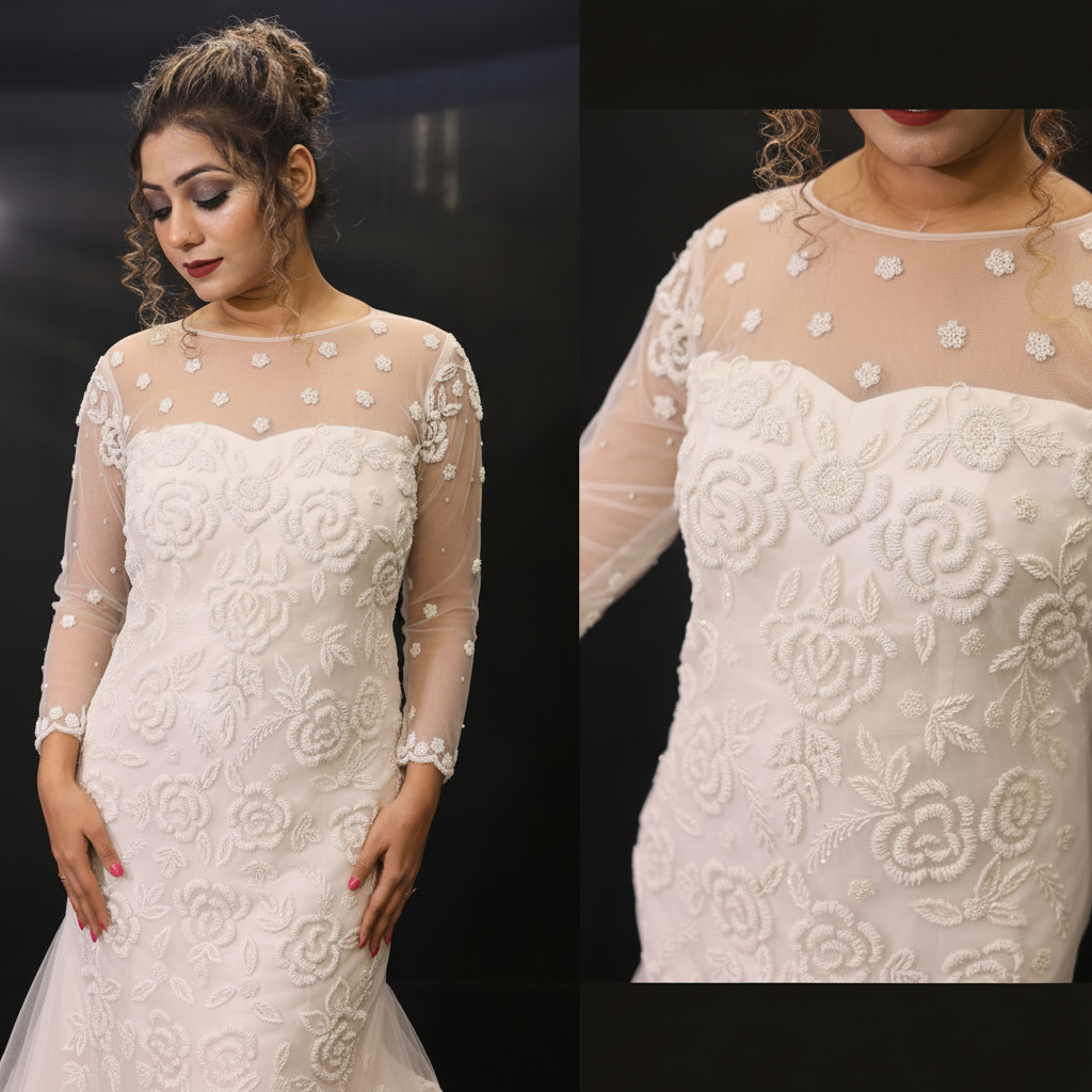 Detail of neckline and bodice on A-Line with Sleeve Detail — GownLink GLHMA