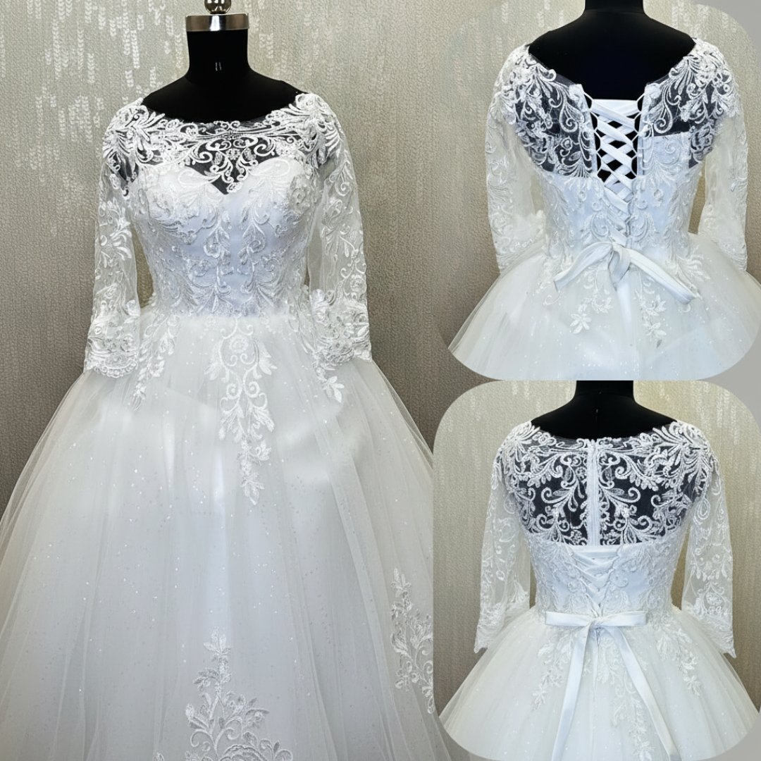 Classic white princess wedding gown with embroidered lace bodice and timeless elegance