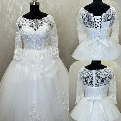 Classic white princess wedding gown with embroidered lace bodice and timeless elegance