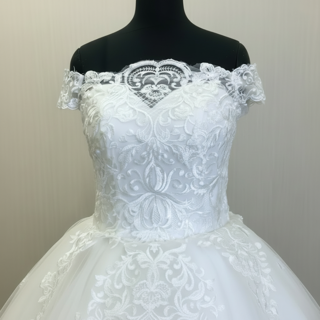 Back closure and button detail on White Princess with Off Shoulder — GownLink GLQD09