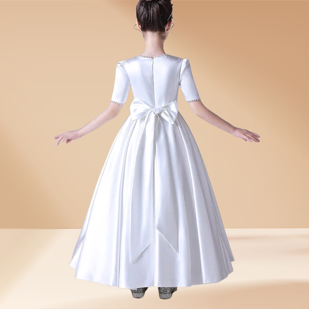 Back view of First Communion Dress showing train and bow — GownLink COMMUNION