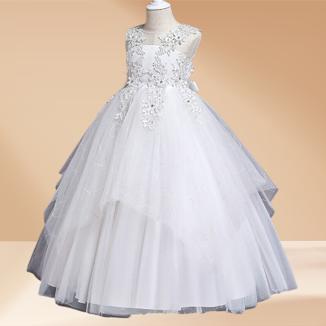 Back view of First Communion Dress showing train and bow — GownLink GLHLC4