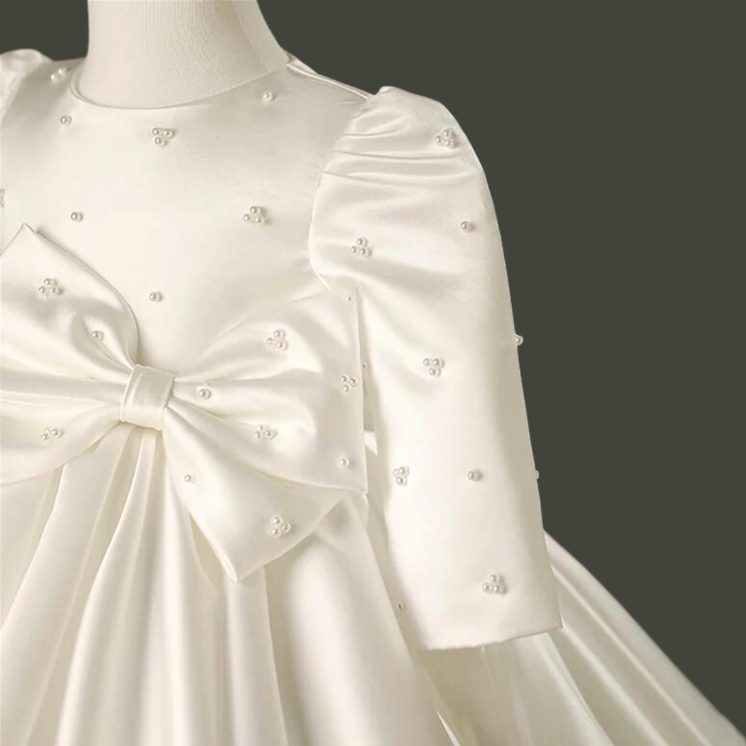 Full-length view of First Communion Dress with train spread — GownLink GLBP7