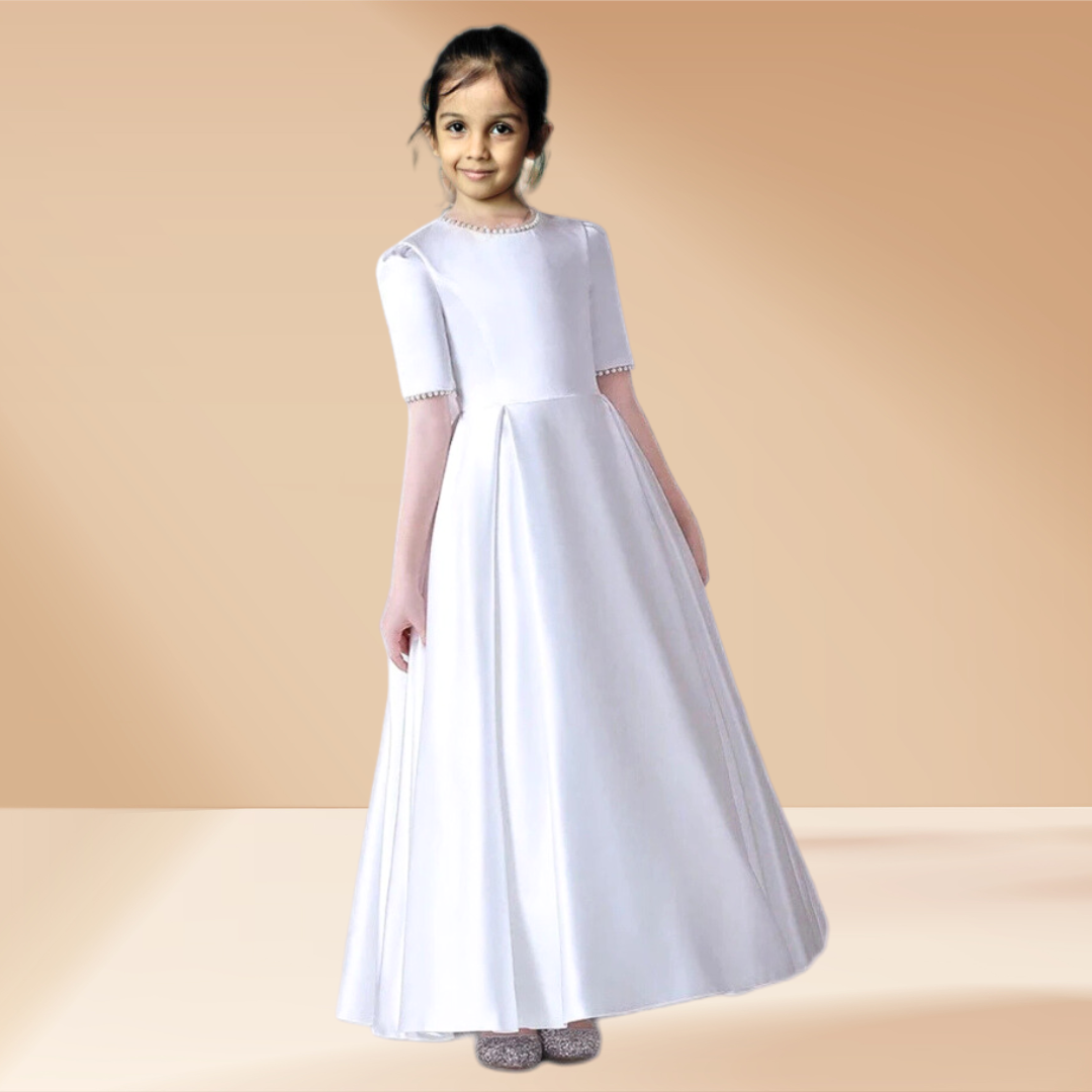 Close-up of lace and bead detail on First Communion Dress — GownLink COMMUNION