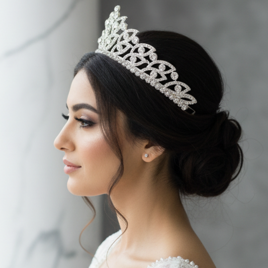 Front view of Crystal Bridal Crown on model — GownLink GLAC02022