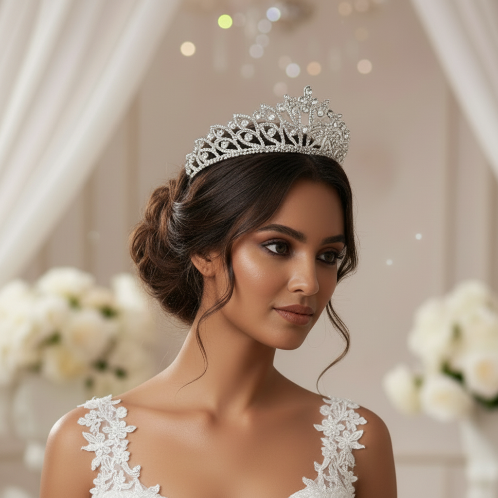 Close-up of pearl and crystal detail on Crystal Bridal Crown — GownLink GLAC02022