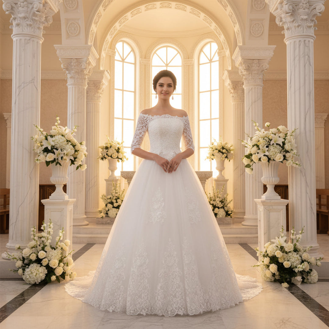 Designer Christian bridal gown with embroidered lace details and luxurious full skirt