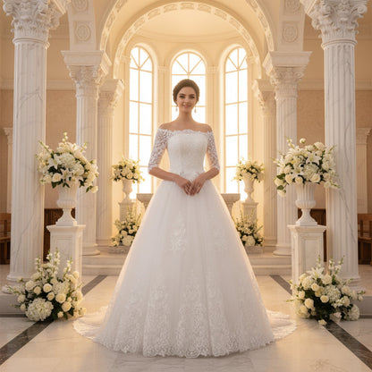 Designer Christian bridal gown with embroidered lace details and luxurious full skirt