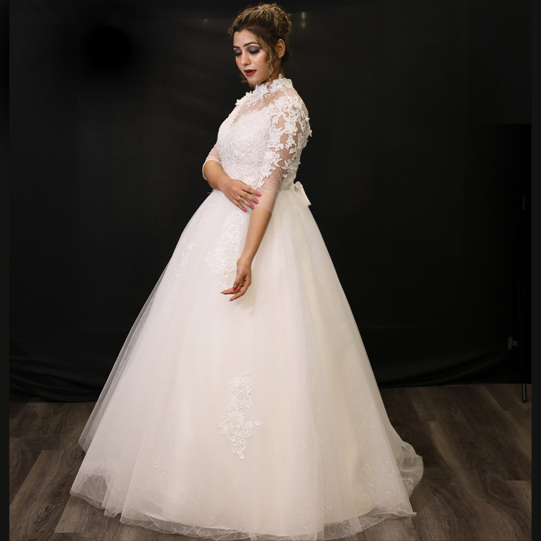 Church setting view of White Bridal Gown with High Neck — GownLink GLD68B