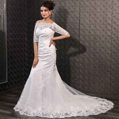 Designer Christian wedding dress with embroidered lace bodice and elegant fitted styling