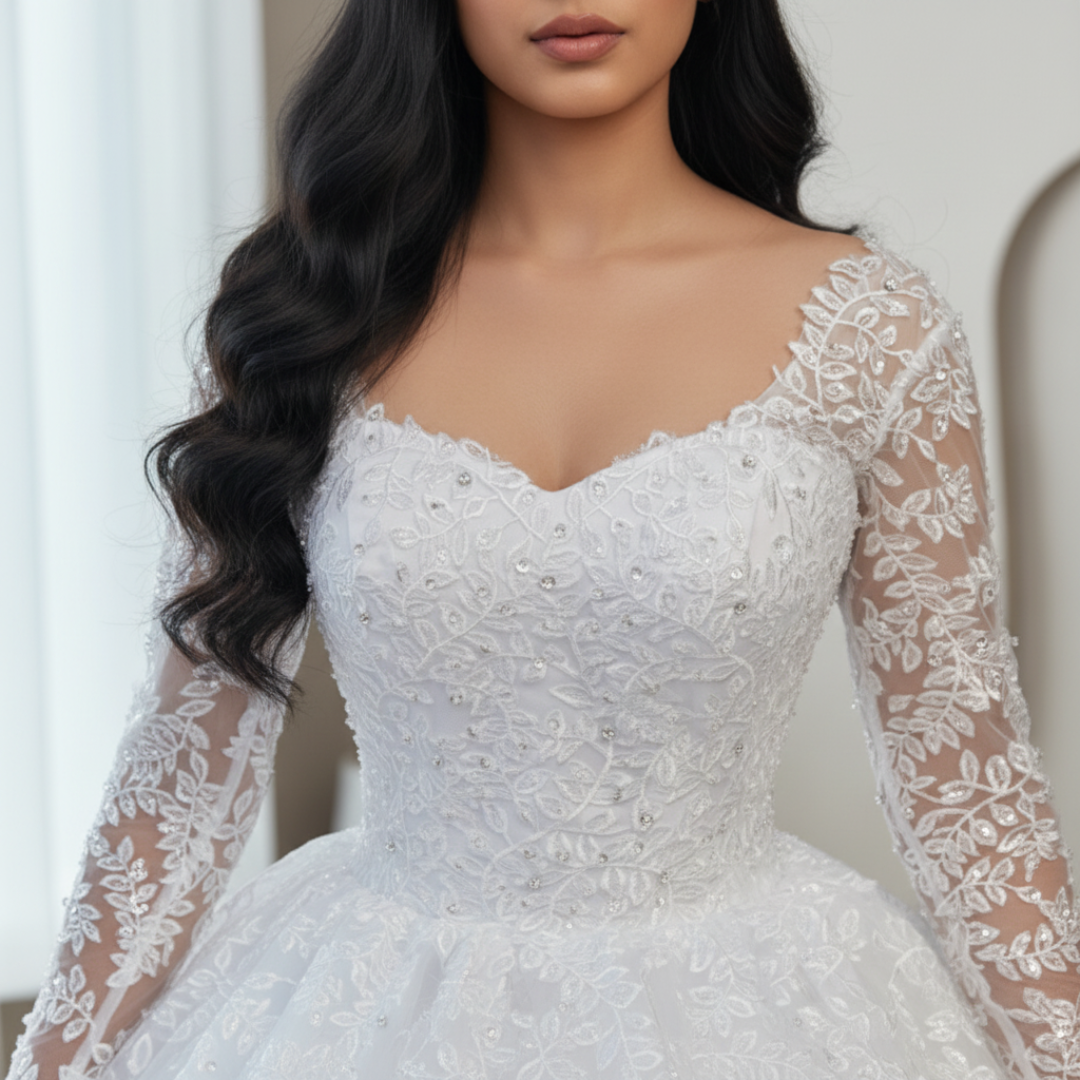 Detail of neckline and bodice on White Ball Gown — GownLink GLGB170