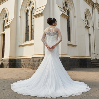 Designer Christian mermaid wedding gown with sophisticated bridal craftsmanship