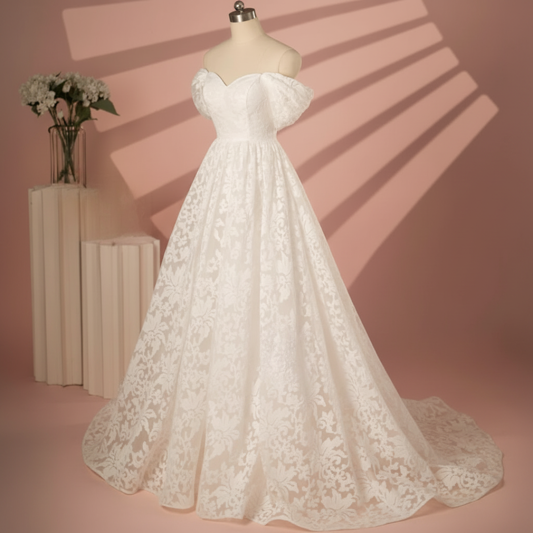Detail of neckline and bodice on White A-Line Sparkle — GownLink GLGT167