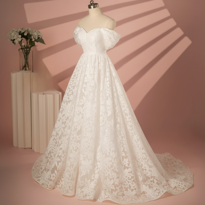 Detail of neckline and bodice on White A-Line Sparkle — GownLink GLGT167