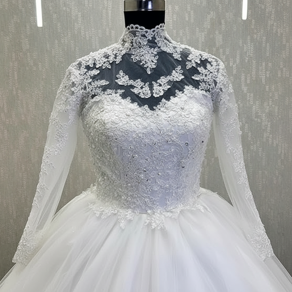 Church setting view of White Bridal Gown with High Neck — GownLink GLW20T