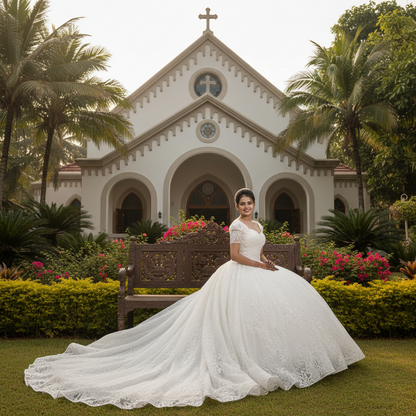 Front view of White Bridal Gown Sparkle with Train on model against studio backdrop — GownLink GLGT166T