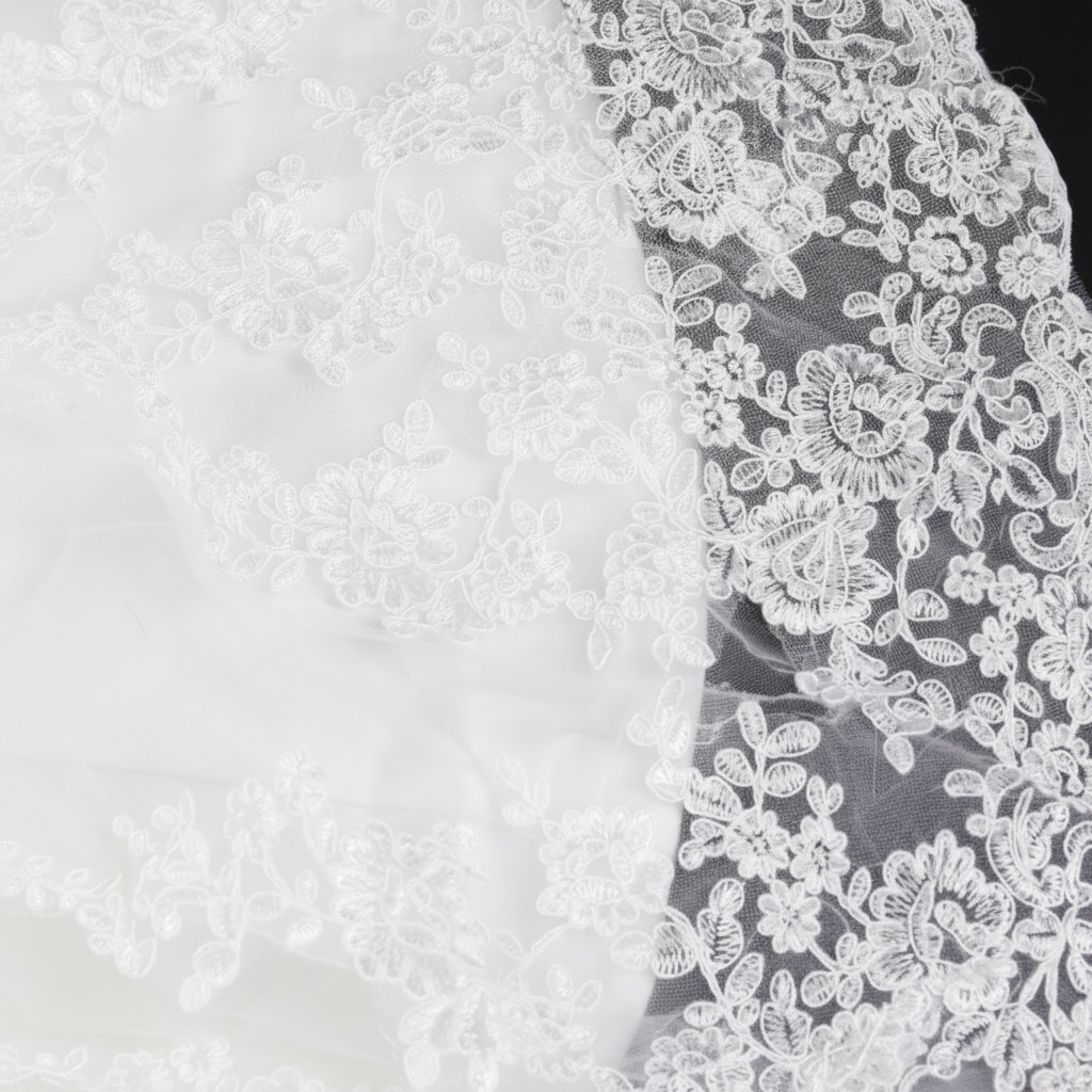 Detail of neckline and bodice on White A-Line with Sleeve Detail — GownLink GLGT4