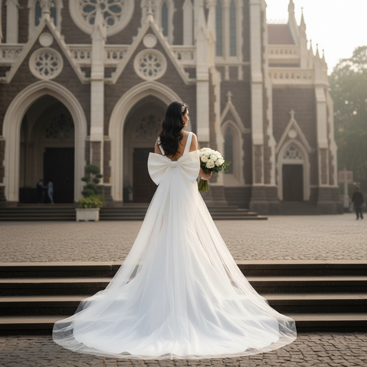 Front view of White Bridal Gown Satin with Long Train on model against studio backdrop — GownLink BOW