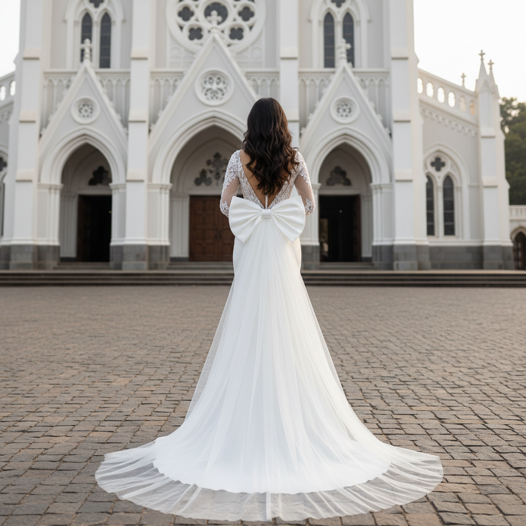 GownLink detachable white satin and tulle bridal bow with 2 meter long train for wedding dress, elegant removable bowknot accessory for bridal gowns.
