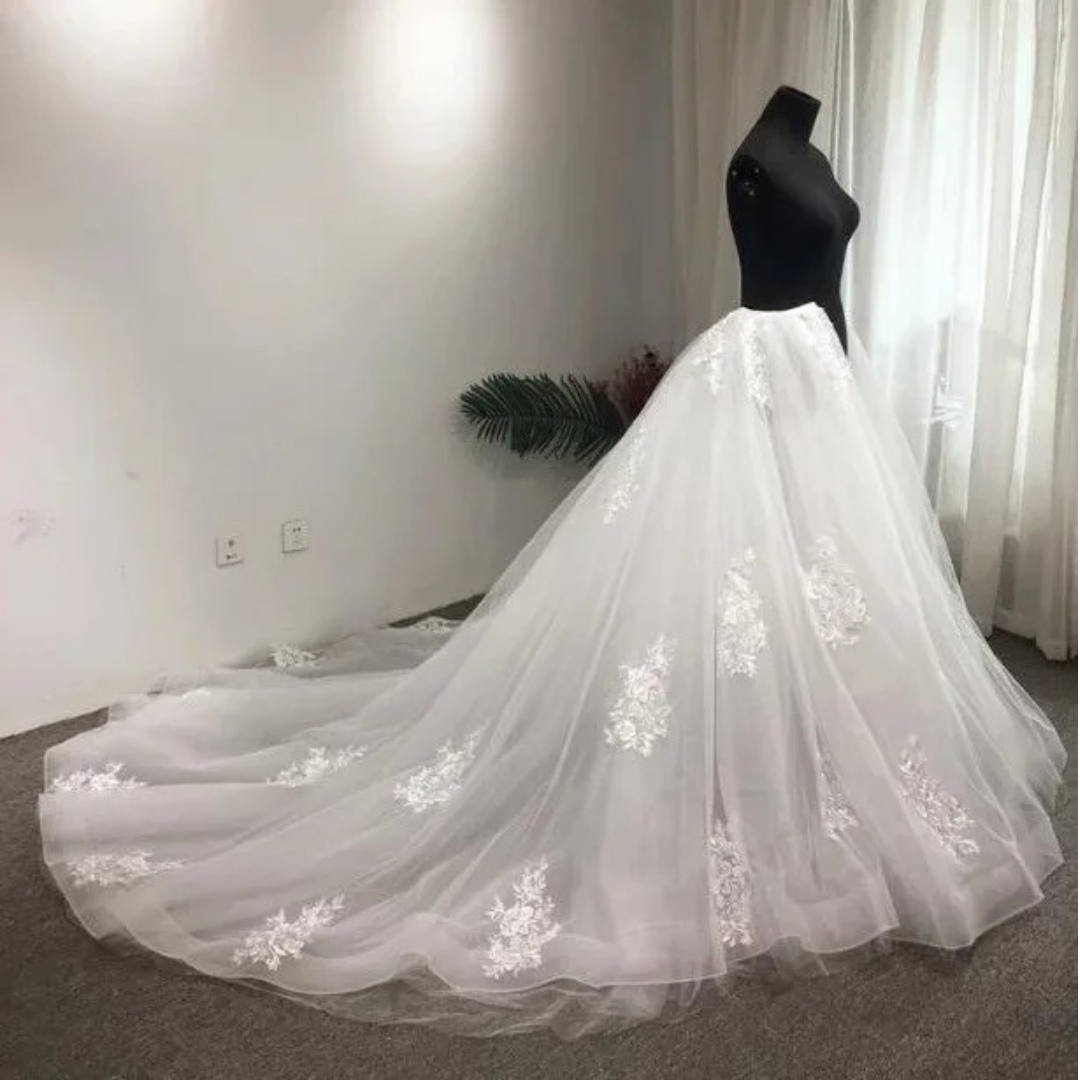White Detachable Bridal Wedding Dress Train with Floral Lace Embroidery by GownLink