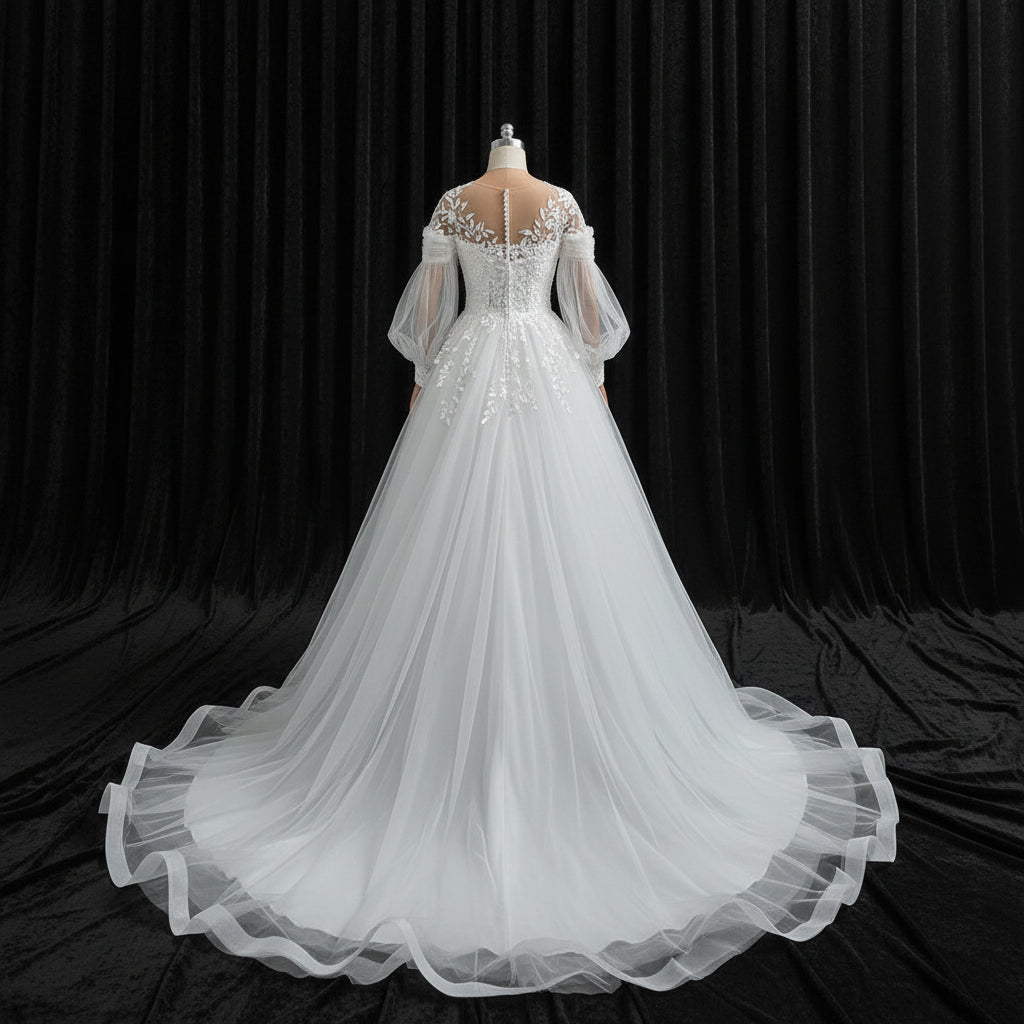 Elegant Christian bridal ball gown featuring illusion neckline, floral lace appliqués, and chapel train