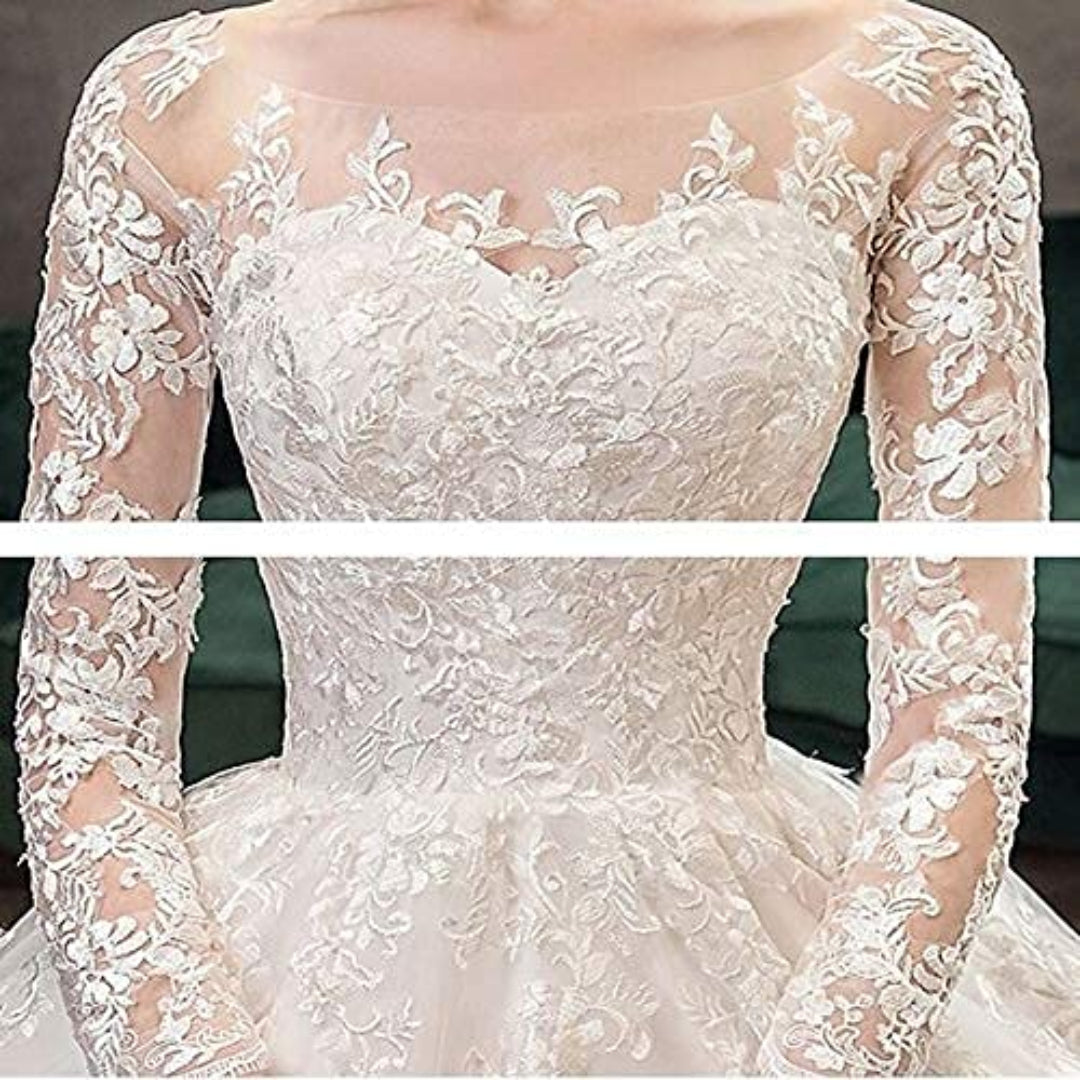  Elegant lace ball gown wedding dress with delicate floral appliqués and a romantic bridal look