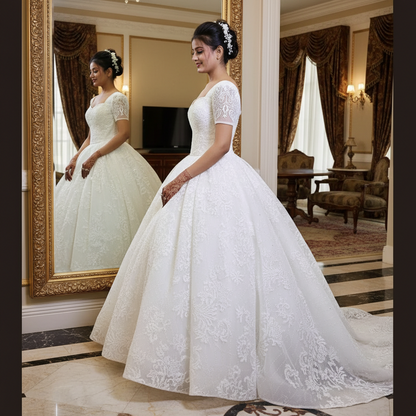 Three-quarter view of White Bridal Gown Sparkle with Train on model — GownLink GLGT166T