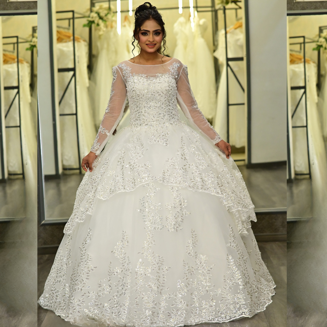 Elegant Christian wedding ball gown featuring intricate lace bodice and full princess silhouette