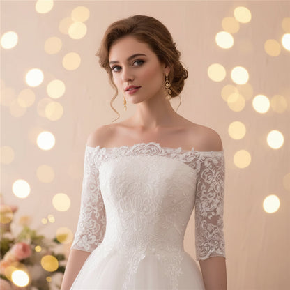 Elegant Christian wedding ball gown featuring intricate lace embroidery and cathedral-length skirt