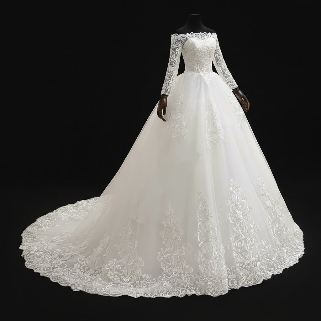 Close-up of lace and fabric detail on White Bridal Gown with Off Shoulder — GownLink GLQD09T