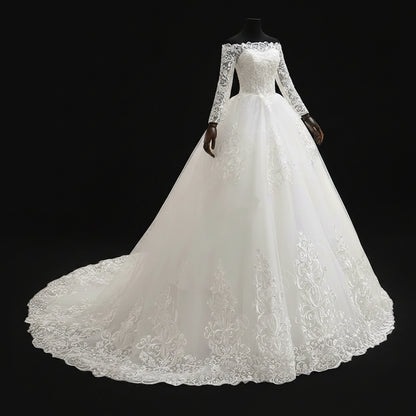 Close-up of lace and fabric detail on White Bridal Gown with Off Shoulder — GownLink GLQD09T