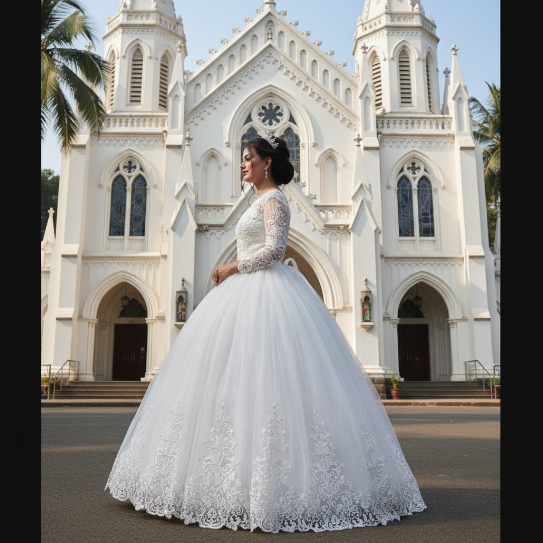 Elegant Christian bridal dress by GownLink with a princess silhouette, lace sleeves, and refined floral embroidery
