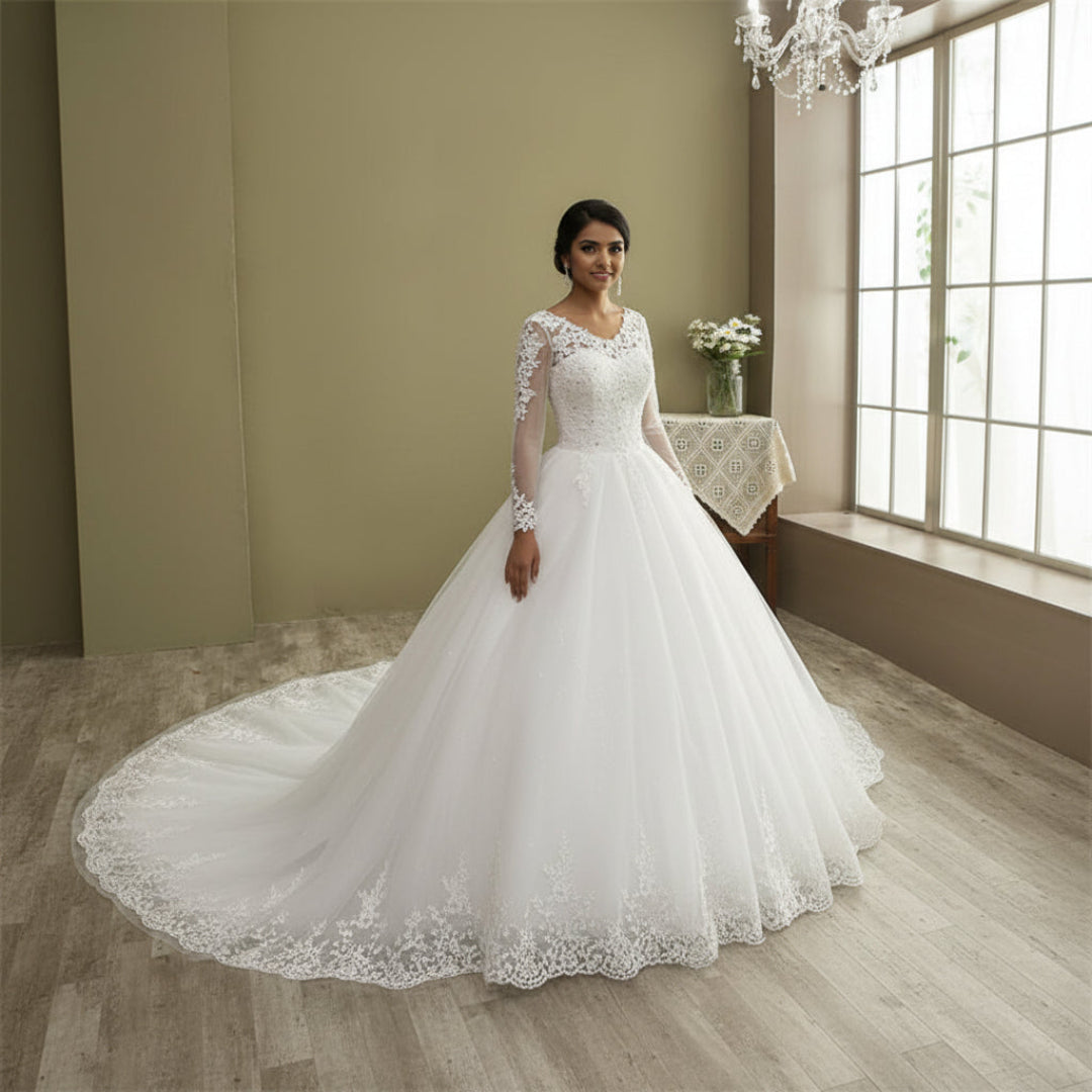 Front view of White Bridal Gown with Long Train on model against studio backdrop — GownLink GLHSD189T