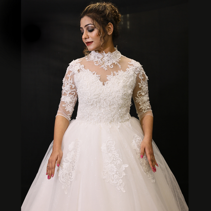 Close-up of lace and fabric detail on White Bridal Gown with High Neck — GownLink GLD68B
