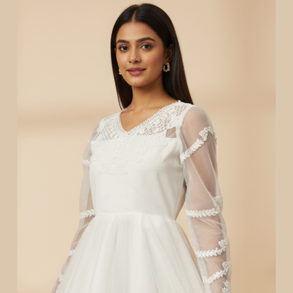 Close-up of lace and fabric detail on White Bridal Gown Satin with Train — GownLink GLHMST18