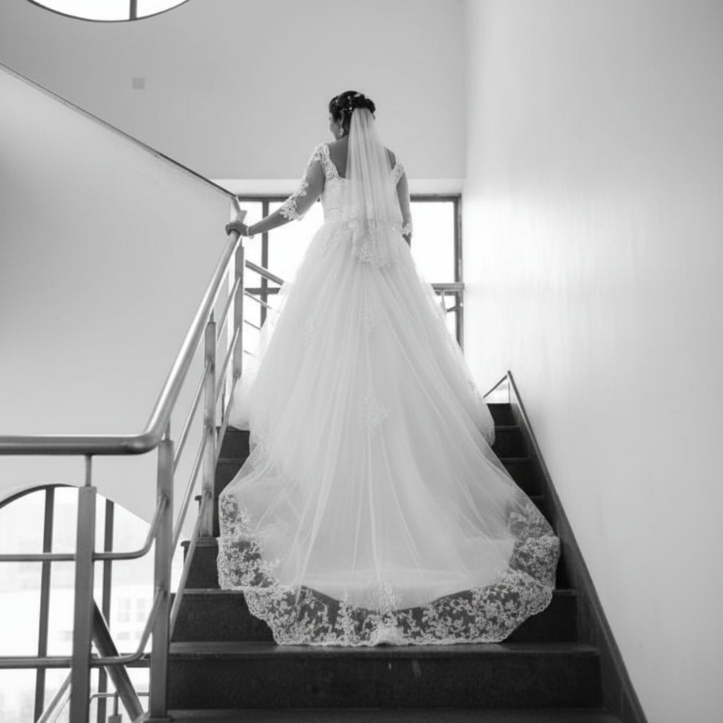 Elegant Christian bridal ball gown with illusion lace neckline and embroidered bodice