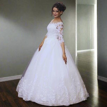 Elegant Christian ball gown with embroidered lace bodice and luxurious princess silhouette