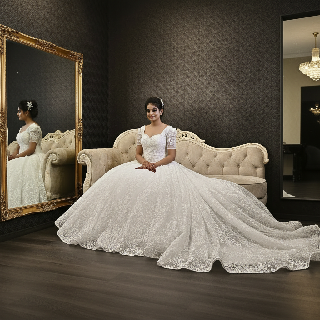 Full-length view of White Bridal Gown Sparkle with Train with train spread on floor — GownLink GLGT166T