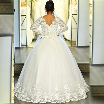 Three-quarter view of White Ball Gown with Sleeve Detail on model — GownLink GLGB144