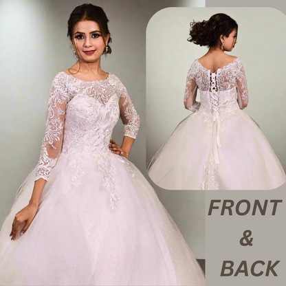 Elegant long-sleeve bridal gown with embroidered lace and classic princess styling