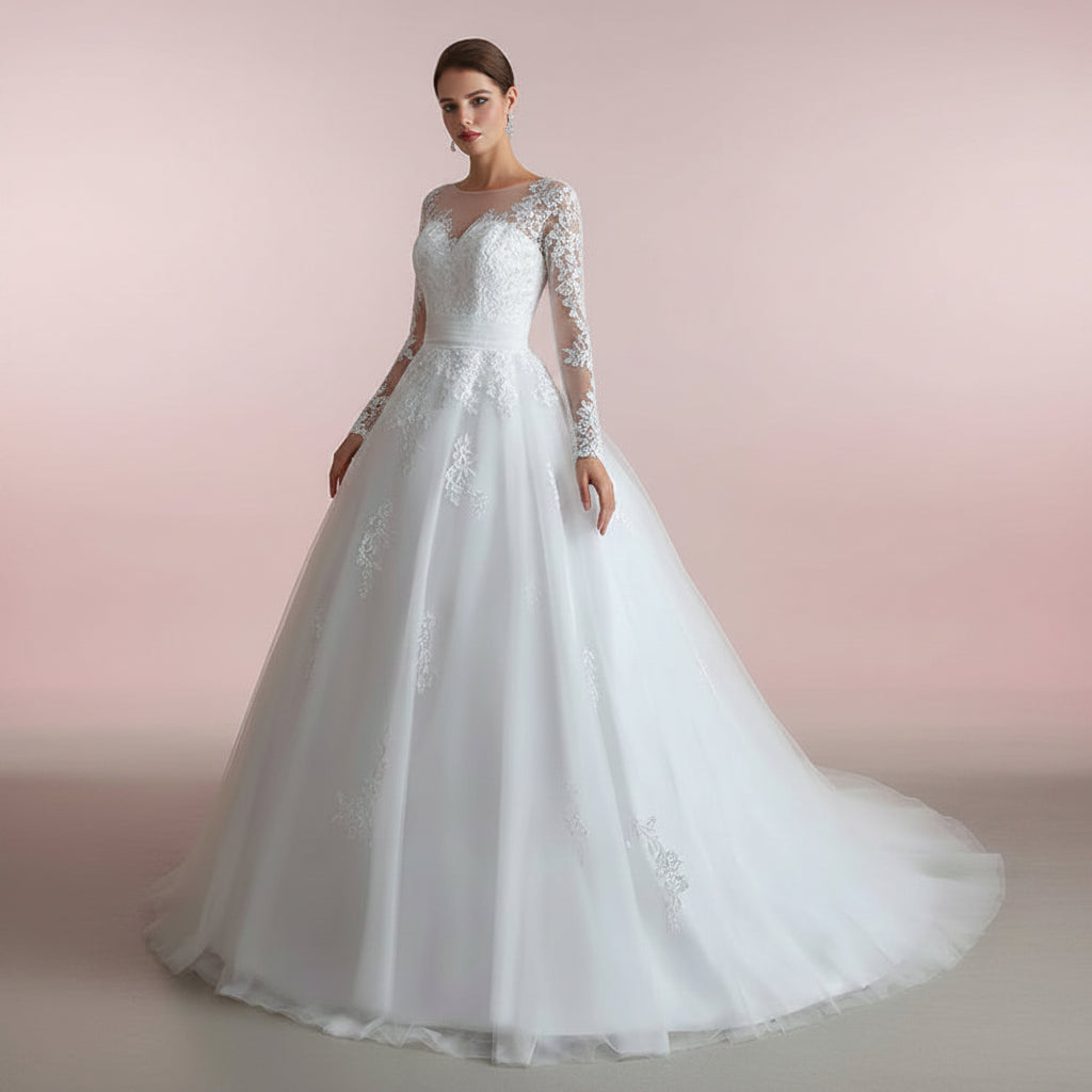 Elegant church wedding gown with illusion lace neckline and full princess skirt for Christian brides