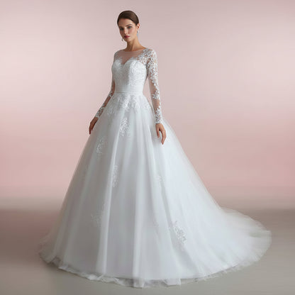 Elegant church wedding gown with illusion lace neckline and full princess skirt for Christian brides