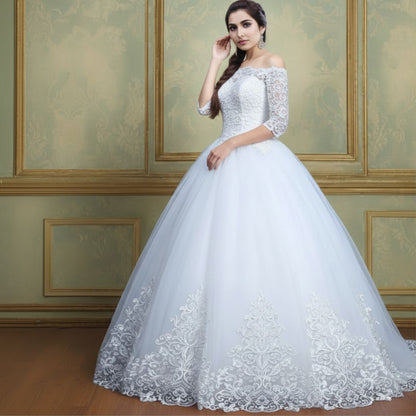 Church setting view of White Princess with Off Shoulder — GownLink GLQD09