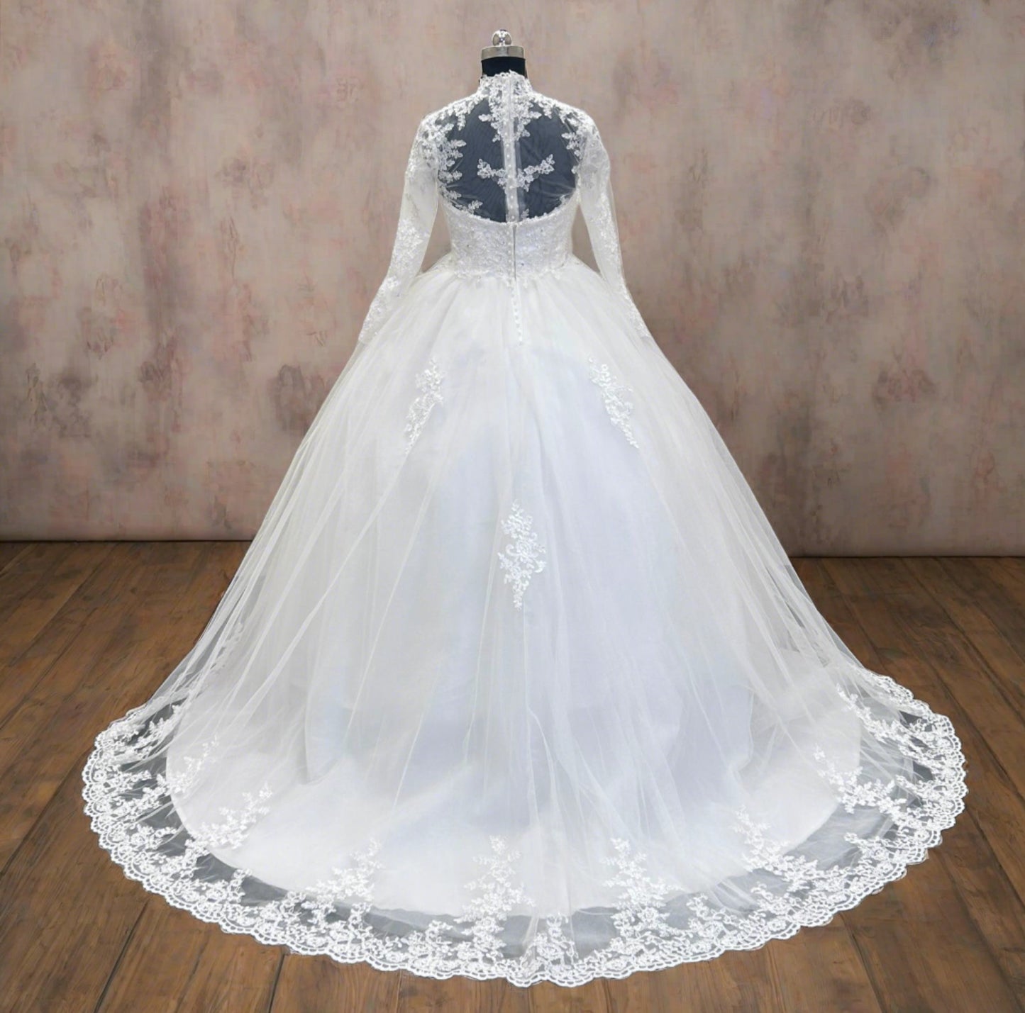 Full-length view of White Bridal Gown with High Neck with train spread on floor — GownLink GLW20T