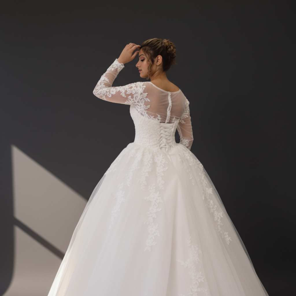 Detail of neckline and bodice on White Bridal Gown with Train — GownLink GLGT028
