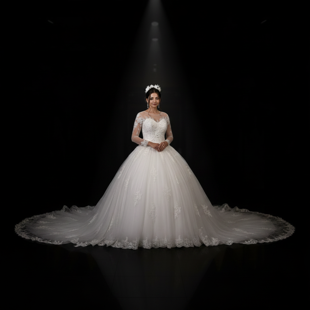 Elegant long sleeve Christian wedding gown with fitted lace bodice and princess silhouette