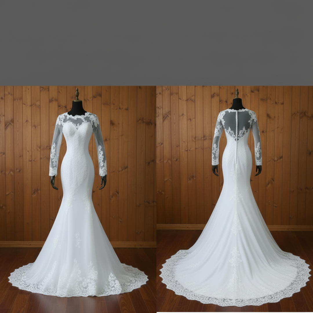 Hem and train lace detail on White Mermaid with Cathedral Train — GownLink GLGT044