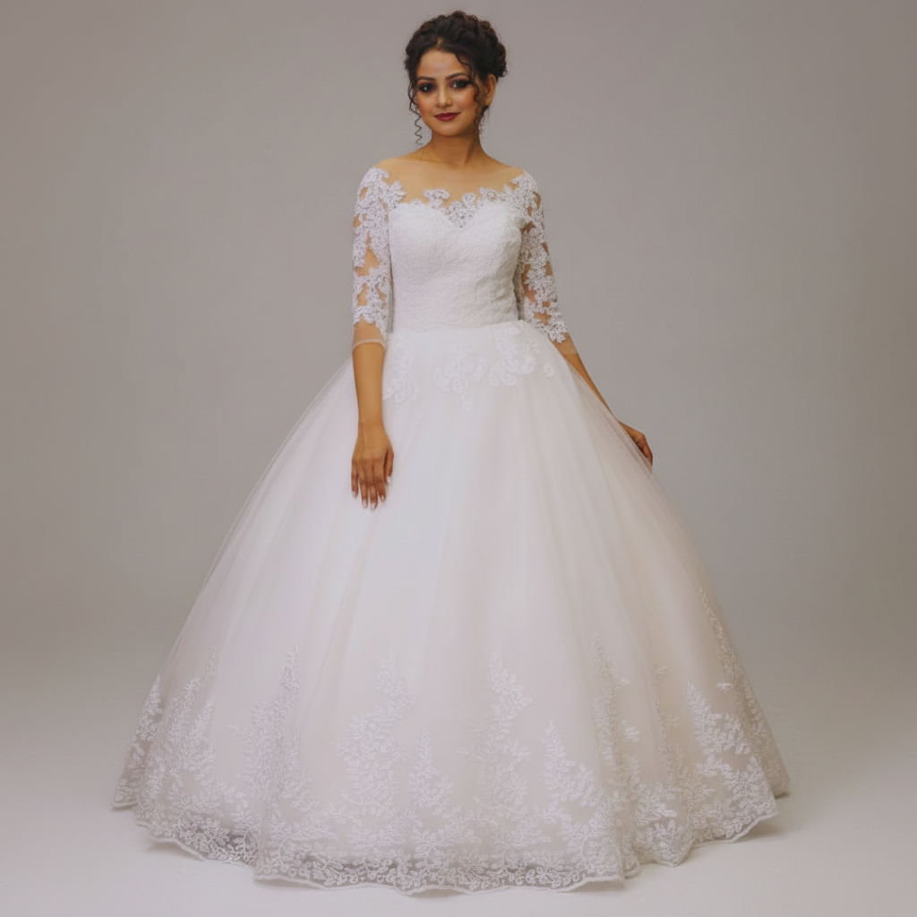 Elegant off-shoulder bridal ball gown with lace appliqués and a romantic Christian wedding style