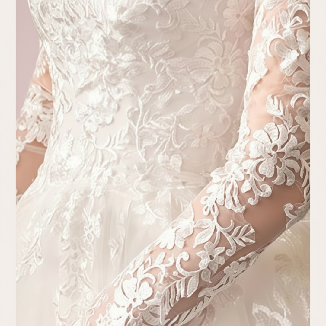 Full-length view of White A-Line with Sleeve Detail with train spread on floor — GownLink GLTD51B