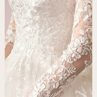 Full-length view of White A-Line with Sleeve Detail with train spread on floor — GownLink GLTD51B